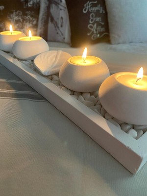 Nidage Beyaz El Yapımı 4'lü Beton Tabaklı Beton Mumluk Set Beton Tealight Set Taşlar ve Mumlar Dahildir. B