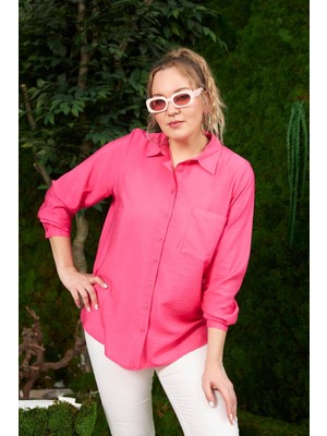 Rmg Hscstore Kadın Cep Detaylı Büyük Beden Fuşya Fitilli Gömlek- O6374