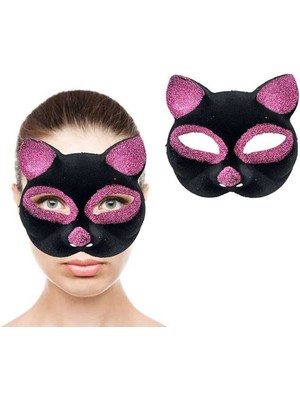 Toptan Bulurum Siyah Renk Pembe Simli Süet Kedi Maskesi 18X14 cm