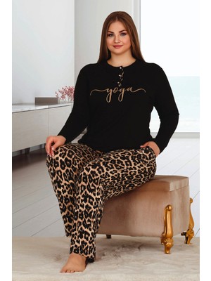 Jenny Daphne Yumuşacık Leopar Pijama Desenli Uzun Kollu Büyük Beden Viskon Kumaş Pijama Takımı 11326