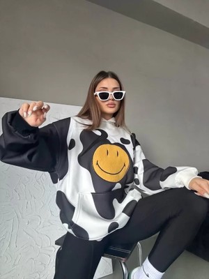 YS Innovation Smiley Face Kapüşonlu Sweatshirt - Siyah