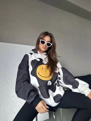 YS Innovation Smiley Face Kapüşonlu Sweatshirt - Siyah