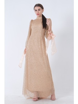 Feminist Gold Taş Işlemeli Hakim Yaka Fiyonklu Tesettür Abiye 6502462.122