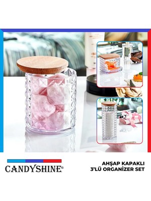 Candy Shine Ahşap Kapak 3'lü Organizer Set Modern Pamukluk Banyo Düzenleyici Şık 3'lü Pamukluk Set