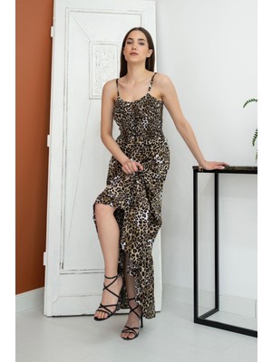 Elbee Fashion Woman Leopar Desenli Uzun Elbise - Kahverengi