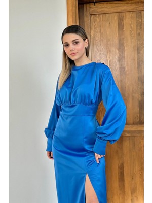 Elbee Fashion Woman Yırtmaçlı Saten Elbise - Saks