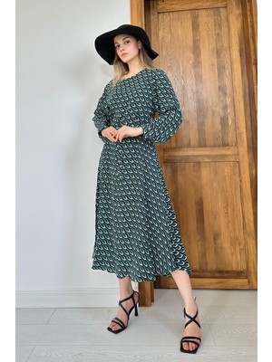 Elbee Fashion Woman Yeşil Dökümlü Desenli Elbise