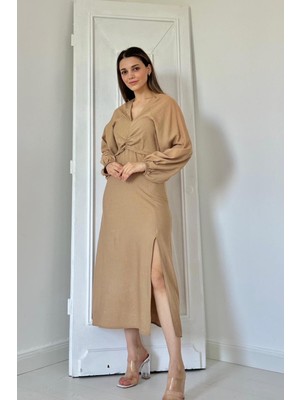 Elbee Fashion Woman Büzgülü Krep Elbise - Bej