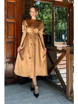 Elbee Fashion Woman Düğme Kapamalı Saten Elbise - Taba