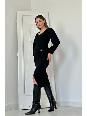 Elbee Fashion Woman Geniş Boğazlı Elbise - Siyah