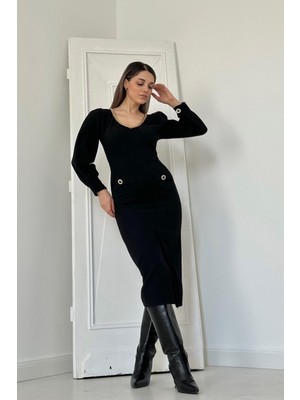 Elbee Fashion Woman Geniş Boğazlı Elbise - Siyah