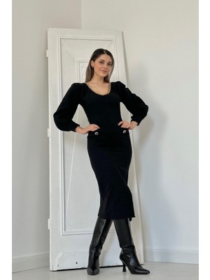 Elbee Fashion Woman Geniş Boğazlı Elbise - Siyah