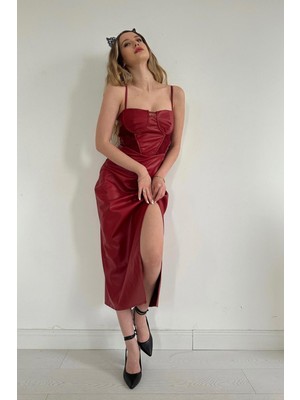 Elbee Fashion Woman Beli Dantelli Deri Elbise - Bordo