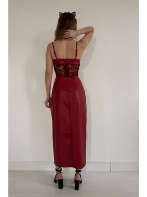 Elbee Fashion Woman Beli Dantelli Deri Elbise - Bordo