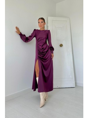 Elbee Fashion Woman Yanı Büzgülü Yırtmaçlı Saten Elbise - Mor