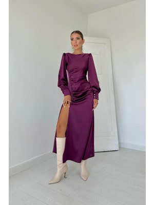 Elbee Fashion Woman Yanı Büzgülü Yırtmaçlı Saten Elbise - Mor