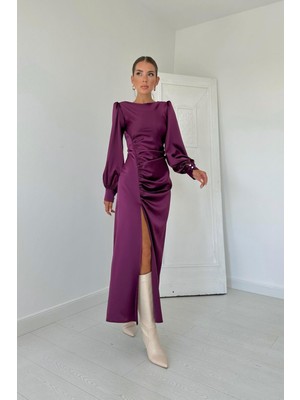 Elbee Fashion Woman Yanı Büzgülü Yırtmaçlı Saten Elbise - Mor