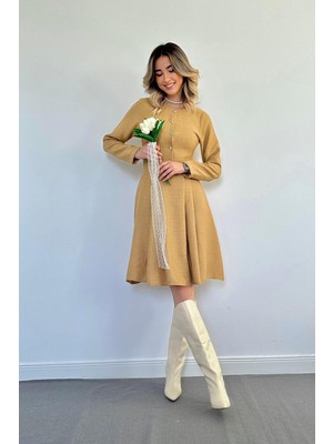 Elbee Fashion Woman Kısa Klasik Elbise - Vizon