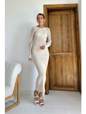 Elbee Fashion Woman Kolları Örgülü Triko Elbise - Taş