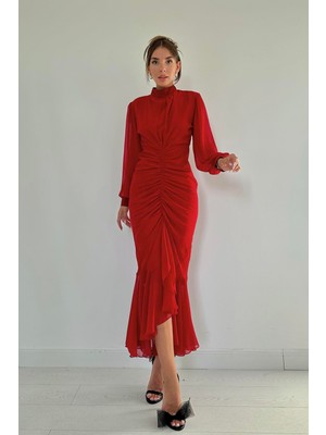 Elbee Fashion Woman Önü Büzgülü Şifon Elbise - Kırmızı