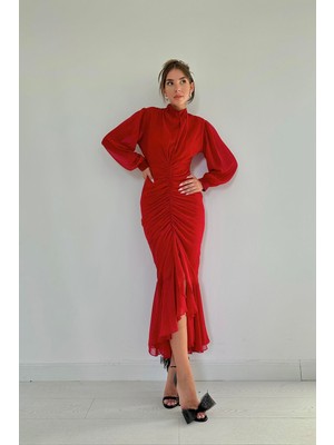 Elbee Fashion Woman Önü Büzgülü Şifon Elbise - Kırmızı