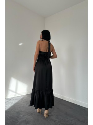 Elbee Fashion Woman Halter Yaka Örgülü Elbise - Siyah