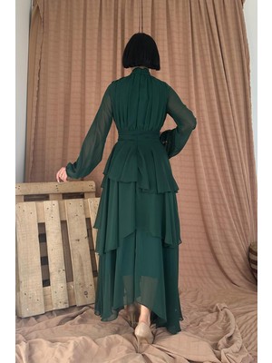 Elbee Fashion Woman Dik Yaka Bel Detaylı Elbise - Zümrüt