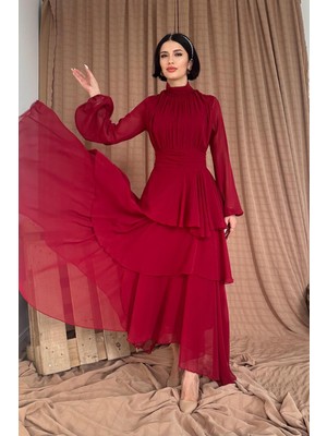 Elbee Fashion Woman Dik Yaka Bel Detaylı Elbise - Bordo