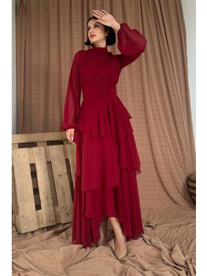 Elbee Fashion Woman Dik Yaka Bel Detaylı Elbise - Bordo