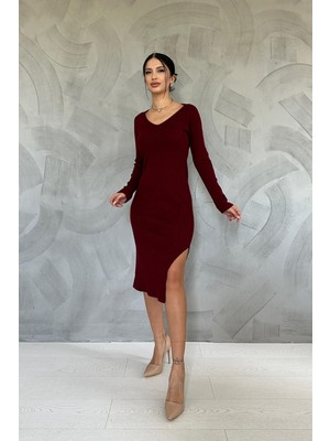 Elbee Fashion Woman Eteği Yırtmaçlı Triko Elbise - Bordo