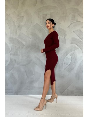 Elbee Fashion Woman Eteği Yırtmaçlı Triko Elbise - Bordo