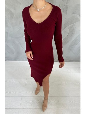 Elbee Fashion Woman Eteği Yırtmaçlı Triko Elbise - Bordo