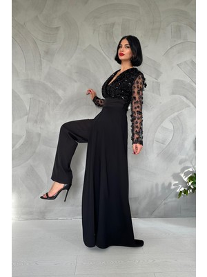 Elbee Fashion Woman Kolları Tül Etekli Tulum - Siyah