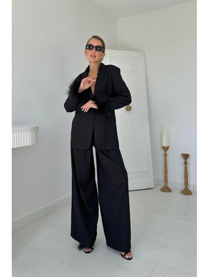 Elbee Fashion Woman Siyah Kol Ucu Tüylü Ceket ve Pantolon Takım