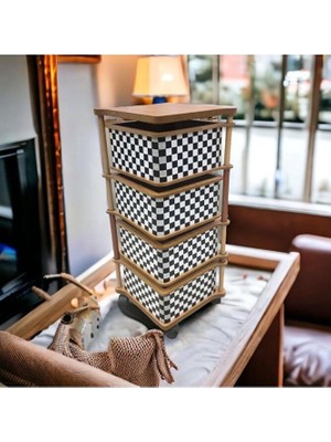 Mihman Home Dama Desenli Kare 4 Katlı Tekerlekli Çok Amaçlı Ahşap Patates Soğan Sepeti