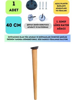 Bahçe Kadın Girişimci Kooperatifi Konik Lüks Ahşap Ayak, Masa Ayağı, Sehpa Ayağı, Açılı Parat ve Vidalar 40 cm