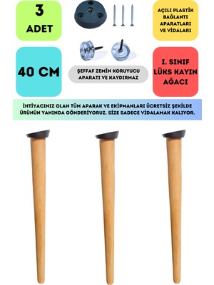 Bahçe Kadın Girişimci Kooperatifi 3'lü Konik Lüks Ahşap Ayak, Masa Ayağı, Sehpa Ayağı, Açılı Parat ve Vidalar 40 cm