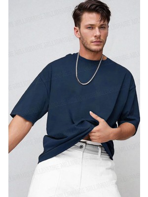 Teenage Millionaire Erkek Lacivert Bisiklet Yaka Düz Basic Baskısız Oversize Salas T-Shirt