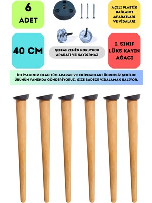 Bahçe Kadın Girişimci Kooperatifi 6'lı Konik Lüks Ahşap Ayak, Masa Ayağı, Sehpa Ayağı, Açılı Parat ve Vidalar 40 cm