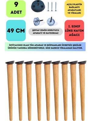 Bahçe Kadın Girişimci Kooperatifi 9'lu Konik Lüks Ahşap Ayak, Masa Ayağı, Sehpa Ayağı, Açılı Parat ve Vidalar 49 cm