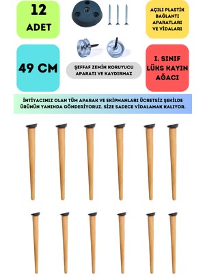 Bahçe Kadın Girişimci Kooperatifi 12'li Konik Lüks Ahşap Ayak, Masa Ayağı, Sehpa Ayağı, Açılı Parat ve Vidalar 49 cm