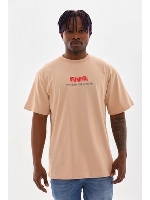 Tarz Yeri Unisex Baskılı Oversize T-Shirt - Bej