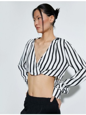 Koton Kapşonlu Crop Bluz V Yaka - Koton - 4SAK60269PW - Siyah Çizgili - 44