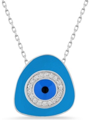 Sunshine 925 Ayar Rodyum Kaplamalı Beyaz Taşlı Mavi Mineli Nazar Göz Gümüş Kolye
