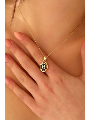 Sunshine 925 Ayar Gold Kaplamalı Siyah Mineli H Harfi Gümüş Kolye