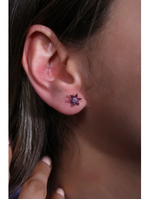 Sunshine 925 Ayar Rose Kaplamalı Mor Taşlı Minimal Çiçek Gümüş Küpe