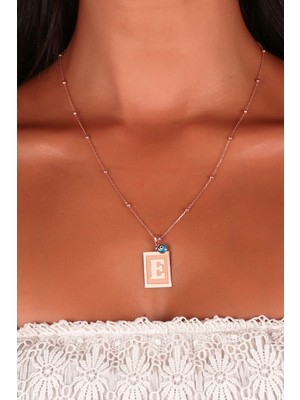 Sunshine 925 Ayar Rose Kaplamalı Nazarlı Plaka Model E Harf Gümüş Kolye