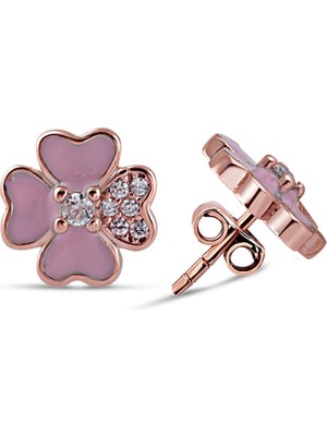 Sunshine 925 Ayar Rose Kaplamalı Beyaz Taşlı Pembe Mineli Yonca Gümüş Küpe