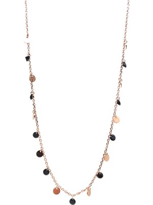 Sunshine 925 Ayar Rose Kaplamalı Siyah Taşlı Yuvarlak Pullu Gümüş Kolye