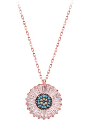 Sunshine 925 Ayar Rose Kaplamalı Beyaz ve Turkuaz Taşlı Yuvarlak Gümüş Kolye